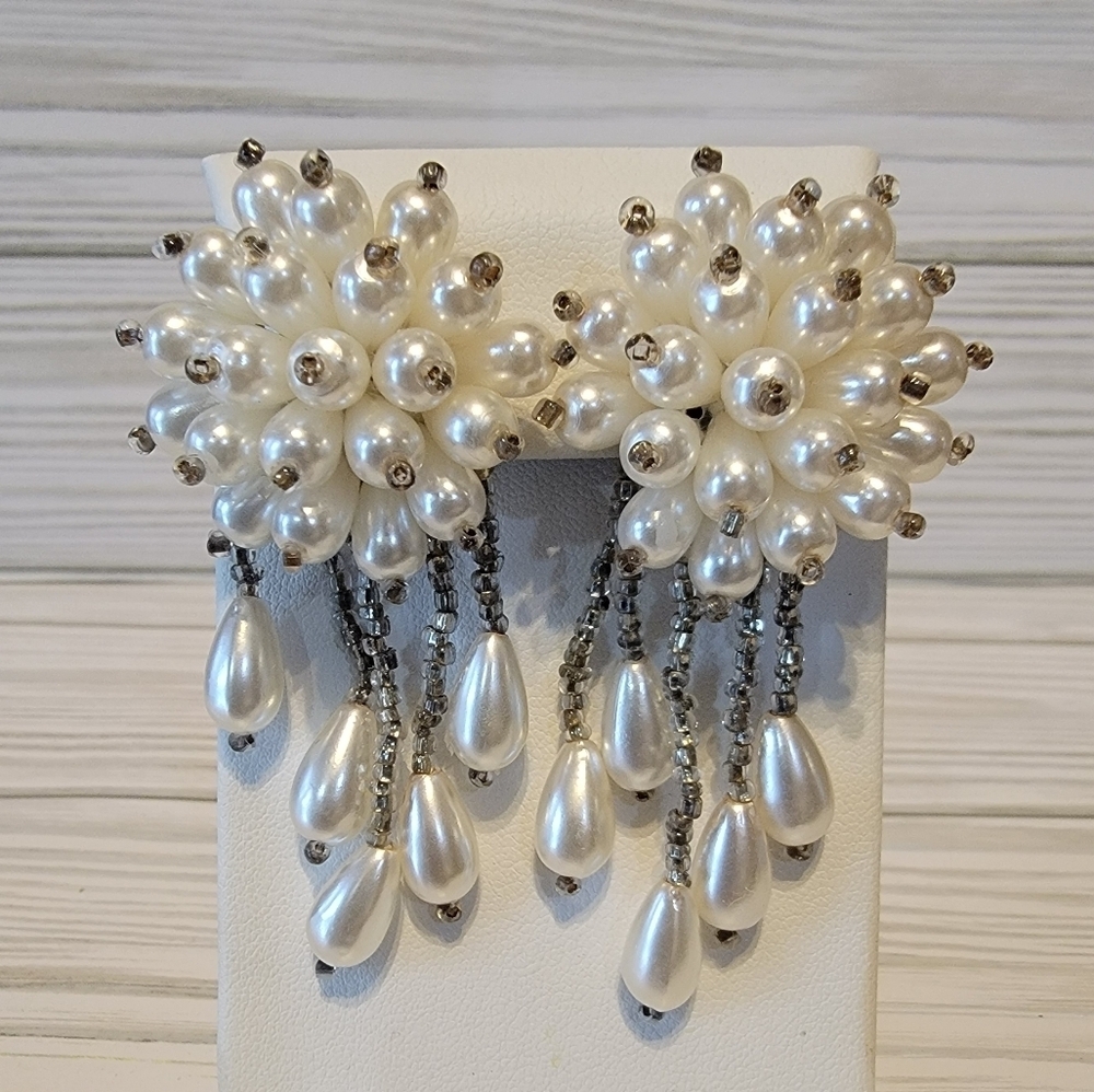 Vintage Faux Pearl Cluster Waterfall Clip On Earrings Rhinestone Fringe Dangle